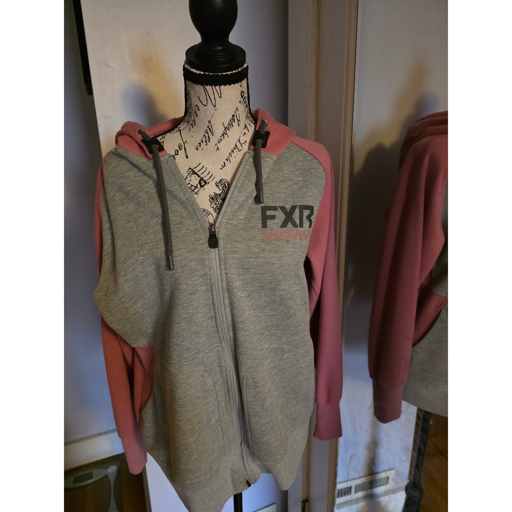FXR Racing Womens Full‎ Zip Hoodie Grey Pink Colorblock Logo Sweatshirt Large